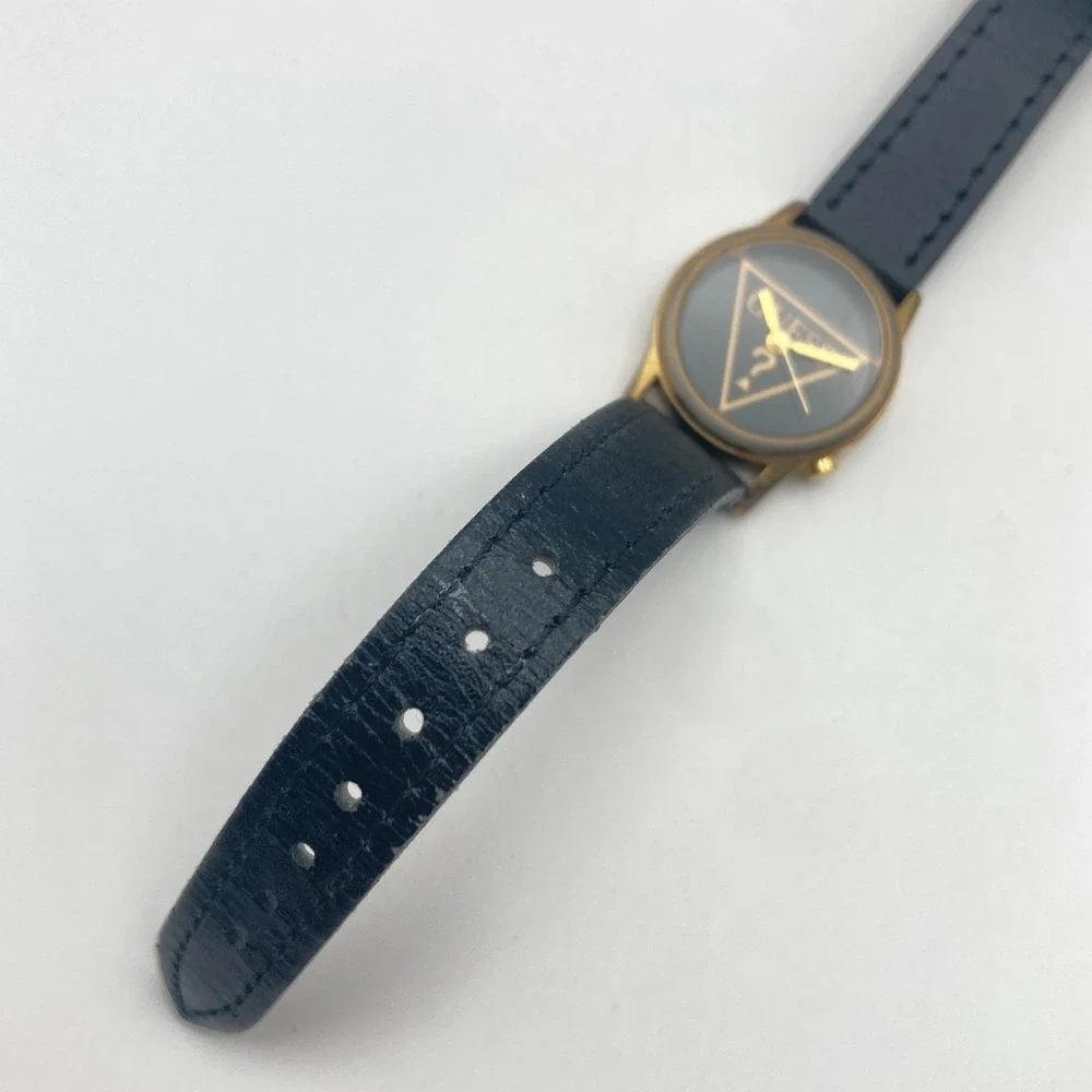Vintage Guess Womens Watch 25mm Gold Tone Black Logo New Battery 7.75